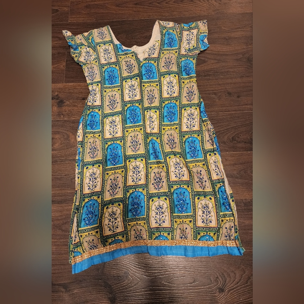 OOAK hand made decorative window abstract blue and tan tunic